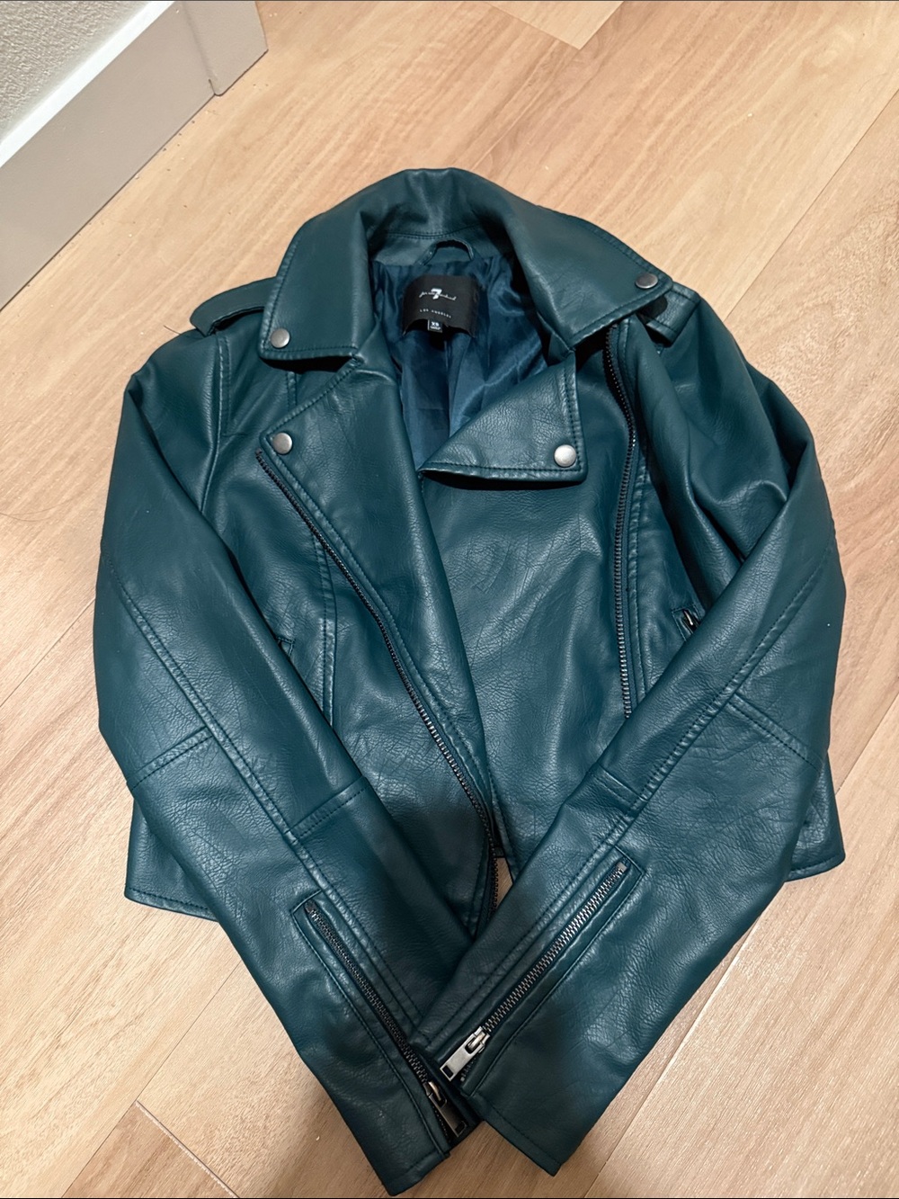 7 For All Mankind Teal Faux Leather Moto Jacket
